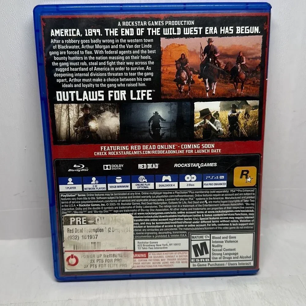 Red Dead Redemption 2 Playstation 4 no Instruction Manual Rated‎ M
